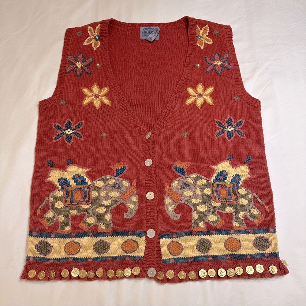 Vintage Cambridge Linen Blend Elephant Coin Detail Sweater Large Teacher Novelty